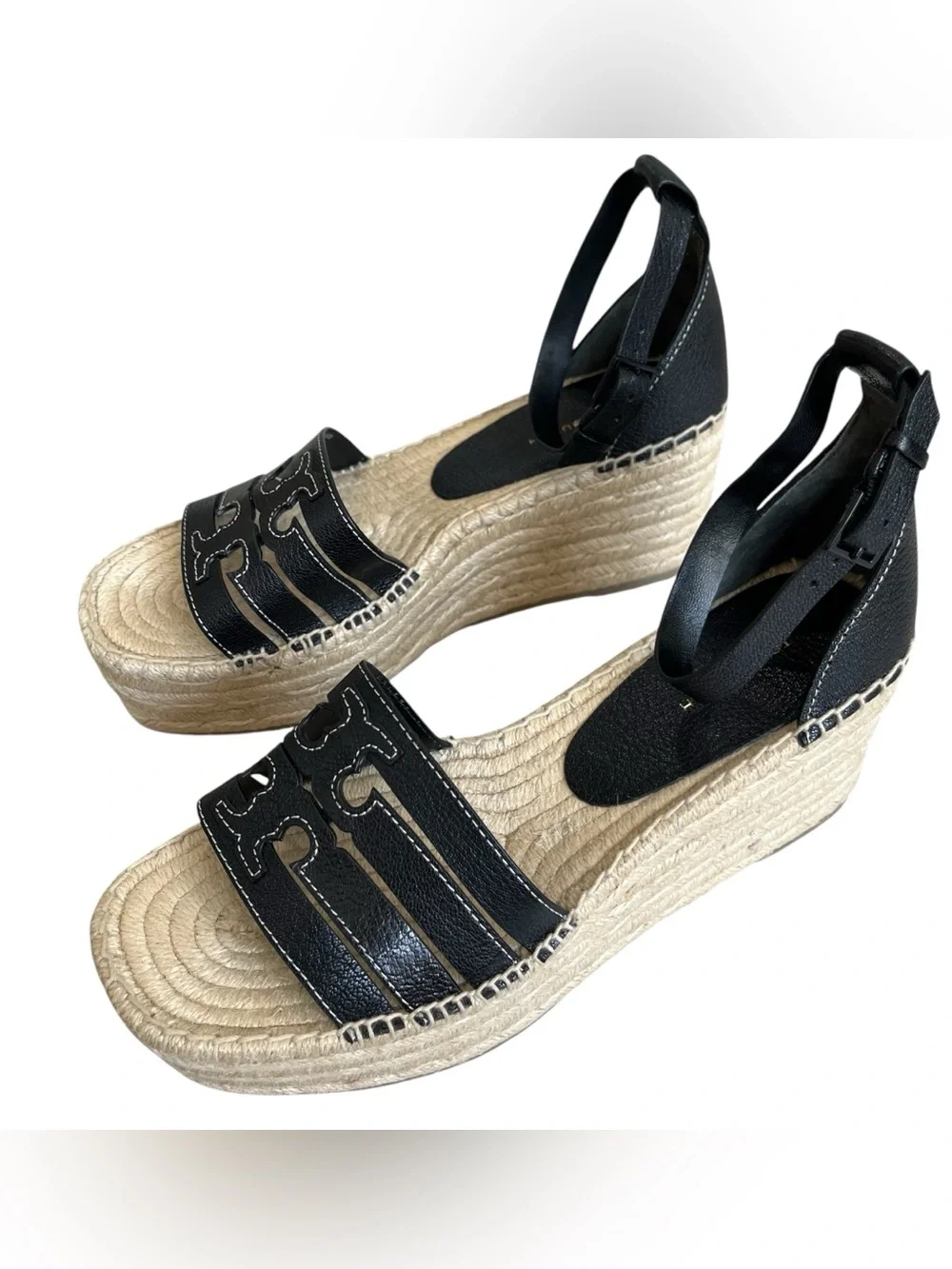 Tory Burch Ines Wedge Espadrille Sandals  Black Leather Sz 9 New 154464 Designer